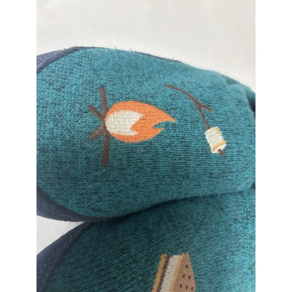 L.L. Bean Sweater Fleece Slippers Kids 5-6 Blue S'mores Motif Embroidered